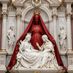 a beautiful render of baroque catholic veiled sculpture, the red queen pieta the white queen, with symmetry intricate detailed,by LEdmund Leighton, peter gric,aaron horkey,Billelis,trending on pinterest,hyperreal,jewelry,gold,intricate,maximalist,glittering,golden ratio,cinematic lighting