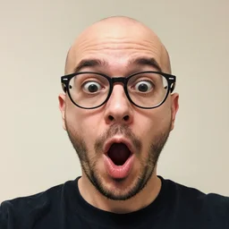 selfie of 4 0 - year old almost bald man with glasses and sparse beard, mouth wide open, surprise