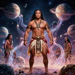 duke kahanamoku as a hawaiian warrior surrounded by intergalactic planets connected by streams of magical flow, sigma male, gigachad, visually stunning, luxurious, by james jean, jakub rebelka, tran nguyen, peter mohrbacher, yoann lossel