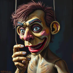colored oil painting character study of hand made puppet of todd solondz, 3 d puppet, vivid colors, storyboard, dramatic and emotional, concept design, realistic. by gabriel hardman, joe alves, j. todd anderson, chris bonura. cinematic atmosphere, detailed and intricate, perfect anatomy