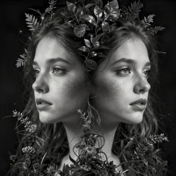 intricate foliage beauty double exposure portrait, artstation, tony sart, photorealism, grayscale, otherworldly fantasy illustration, by artgerm