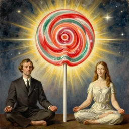 cosmic lollipop with man and woman in meditation. painting by rene magritte, jan van eyck, max ernst, paul delvaux