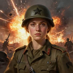 a portrait of an soldier woman, lighting strike in the backround, battlefield, explosions digital painting, artstation, concept art, donato giancola, Joseph Christian Leyendecker, WLOP, Boris Vallejo, Breathtaking, 8k resolution, extremely detailed, beautiful, establishing shot, artistic, hyperrealistic, octane render, cinematic lighting, dramatic lighting, masterpiece, light brazen, extremely detailed and beautiful face, centered, smooth, sharp focus