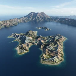 digital concept art,aerial drone wide view of Lake Toba by Bernhard Edmaier,tectonics,islands,structural geology,photorealistic,unreal engine,8k