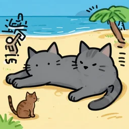 a small brown cat with a big grey cat chilling at the beach, keith harring style