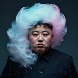 dramatic lighting photo of a beautiful kim jong - un with cotton candy hair. paint splashes. moody and melancholy. with a little bit of cyan and pink