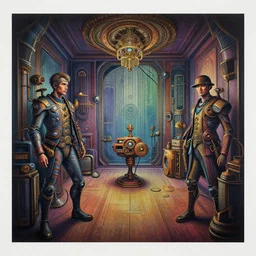 micro stipple portrait of steampunk interior, colorful, ( ( mads berg ) ), christopher balaskas, ( victo ngai ), rich grainy texture, detailed, dynamic composition, dramatic gradient lighting, wide angle, muted color, matte print, dark tint, modern art deco