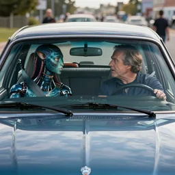a stunning ultra detailed fine art photo of front view of car's windshield with a cyborg driver and na'vi passenger arguing inside, by tom bagshaw, artgerm and steven spielberg, artstation, 8 k, cinematography by roger deakins, deep depth of field, highly coherent, front view of the car