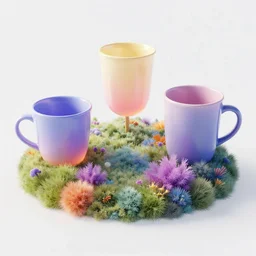 3 d cups and mugs in a colorful world, on clear background, 3 d render, amazing detail, concept art, ray tracing, smooth, sharp focus, ethereal lighting