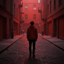 dark matter red art house future alone man going limbo hipper reflection in the horror them open street schizophrenia and stratification of consciousness mind man full HD 8K resolution