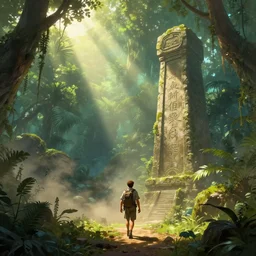 A highly detailed 4K fantasy matte painting of an adventurer walking past an ancient monument in a dense jungle, volumetric sun rays and dust, Thomas Kinkade, Greg Rutkowski, ArtStation, CGSociety, Unreal Engine
