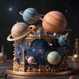 A cake with all planets on it, universe, space, cosmic, cinematic shot, intricate, ornate, photorealistic, ultra detailed, realistic, 100mm, photography, octane, high definition, depth of field, bokeh, 8k, behance, artstation