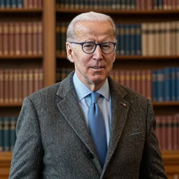 joe biden wearing a tweed coat and pince - nez glasses, in a library, dean cornwell