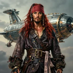 portrait painting of a 3 0 years old rugged masculine muscular male pirate long long hair soft hair flowing hair crimson hair upper body only long coat elegant rugged handsome floating mechanical zeppelin fantasy unreal render cinematic lighting art 1 9 2 0 period drama by bussiere rutkowski andreas rocha