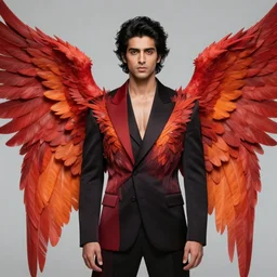 full body portrait of avan jogia in a modern clothes, with large red - orange wings. detailed face, concept art, intricate, highly detailed 8 k, smooth, sharp focus, handsome and aesthetic shape of face and body, artgerm, artstation, art by zexi guo and nira and junpei suzuki and gharliera and rinotuna