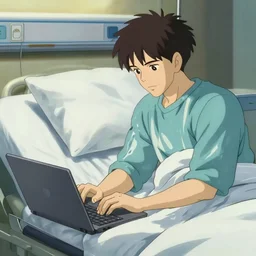 a film still of a man working on his laptop on his deathbed alone in the hospital, gaston bussiere, at hospital, gapmoe yandere grimdark, trending on pixiv fanbox, painted by ilya kushinov makoto shinkai studio ghibli, akihiko yoshida