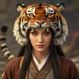 a demon monster from chinese myth 西 游 记, tiger header monster general in classic aromr, buddhist, taoish, highly detailed goddess portrait - point of eyes, in gta v, stephen bliss, unreal engine, fantasy art by greg rutkowski, loish, rhads, ferdinand knab, makoto shinkai and lois van baarle, ilya ku