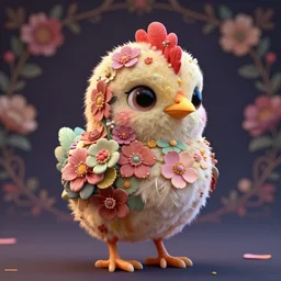 eye - level medium shot of a very cute and highly floral ornamented chick, fine floral ornaments woven between the feathers, fine ornamental floral background, by esao andrews, by m. w. kaluta, by yoshita amano, romantique, atmospheric lighting, rich colors, very humorous!!!, 3 d octane render, depth perception, 4 k, artstation