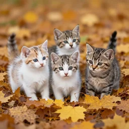 adorable kittens playing in a pile of autumn leaves