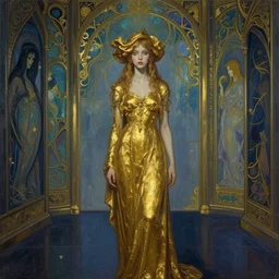 a girl in a gold haunted liminal room, digital painting by goya and balthus, colors by pontormo, lights by hopper, extreme detail, liminal aesthetic, background art nouveau