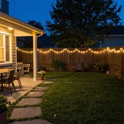 a still photo of a backyard at night with fairy lights, house terrace on the side, warm lighting