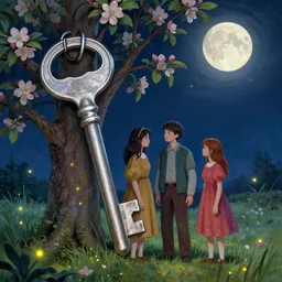 a young couple stands by apple tree. there is a very large silver key. fine detail. realistic. fireflies. full moon. colourful. folk horror art style