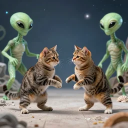 realistic space cat fighting aliens