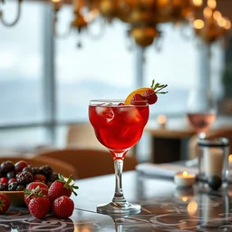 portrait of a michelin - star perfect beautiful red cocktail with diffrent fruits on a amazingly decorated table, professional food photography, captivating, rule of thirds, majestic, octane render, 1 0 mm lens