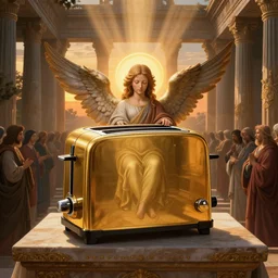 a golden bread toaster (kitchen appliance) with angel wings and a halo, sitting on an altar in an ancient temple at sunset, with rays of light shining down from the sun, surrounded by adoring worshippers, beautifully painted in a renaissance style