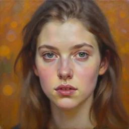 stunning serene portrait of kagney linn karter by Mark Arian, oil on canvas, masterpiece, realism, piercing gaze, autumn bokeh