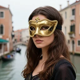 hyper realistic portrait of a beautiful girl in a venetian mask. against the backdrop of venice