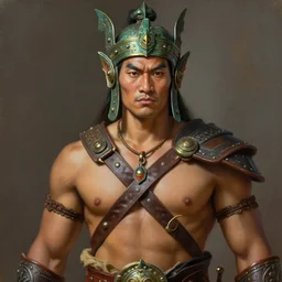 smart tai warlord, closeup portrait, historical hero, ethnic group, tai costume, bronze headdress, intricate, with leather armor cross on bare chest, elegant, loin cloth, highly detailed, oil painting, artstation, concept art, matte, sharp focus, illustration, hearthstone, art by earl norem