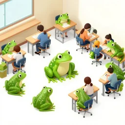 A classroom full of students frogs, artwork by Craig Mullins, isometric camera, detailed, trending on artstation