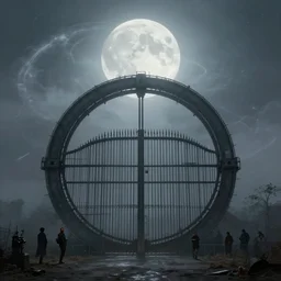 massive circular gate under a pale moon engulfed in arcane fog trails in the style of marcin rubinkowski, greg rutkowski, lorenzo lanfranconi, oleg zherebin, trending on artstation, ultra wide angle