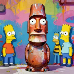 moai statue popart slap face caricature cartoon graffity digital artstation bill cipher and simpson family colorful vibrant beeple, by thomas kinkade