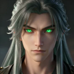 insanely detailed. by wlop, ilya kuvshinov, krenz cushart, greg rutkowski, pixiv. zbrush sculpt, octane, maya, houdini, vfx. close - up gorgeous attractive cg anime male character with long hair, parted in the middle, with brilliant green glowing eyes. cinematic dramatic atmosphere, sharp focus, volumetric lighting.