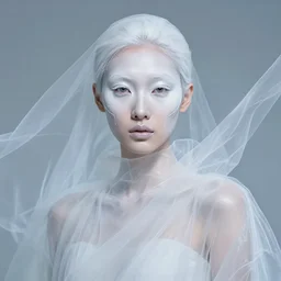 high fashion photography of a model in neo futurism white sci - fi makup, transparent cloth, beautifully lit