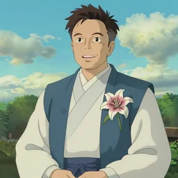 elon musk wearing a hanfu with lily embroidery, stylized by studio ghibli