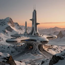 futuristic space station in the snowy mountains 3 d concept art, cinematic lighting, mad max, intricate details, building by zaha hadid, pastel orange sunset, emissary space by arthur haas and bruce pennington and john schoenherr, cinematic matte painting, dark moody monochrome colors, trending on artstation, featured on behance