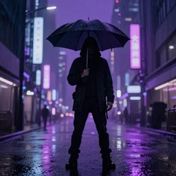 cyberpunk high quality render, mysterious shadowy figure of a man holding an umbrella, in a rainy Tokyo city, long shot, purple lighting