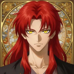 portrait of hisoka morow hunter x hunter, male, thin lips very sharp jaw yellow eyes narrow sultry eyes red hair soft hair swept back crimson medium length hair, anime, fantasy, intricate, elegant, highly detailed, digital painting, artstation sharp focus, madonna art by artgerm and greg rutkowski and alphonse mucha