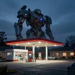 a quaint suburban gas station at night. a colossal science fiction mech looms in the distance, realistic rendering, unreal engine, 4k, hdr, high dynamic range, f12, simon stalenhag