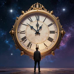 a man looking at a giant, detailed, ornamented clock floating in the distance with the cosmos and stars visible in the background, album artwork style.