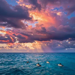 vibrant sky with oceans with sea animals in them realistic photo