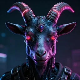 synthwave demonic cyborg goat face with neon horns, detailed face, sharp focus, synthwave art, aesthetic, octane render, raw, cinematic
