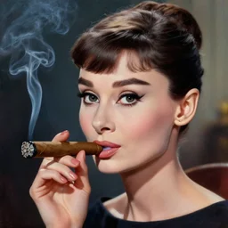 closeup portrait of audrey hepburn smoking cigar in the film breakfast at tiffany's ( 1 9 6 1 ), evening, highly detailed, ultrarealistic oil painting, vladimir volegov, artstation