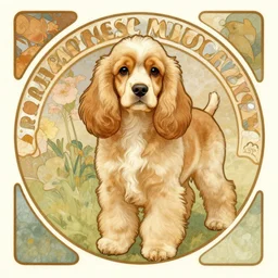 a cute cocker spaniel dog in the style of alphonse mucha