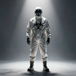 art of scientist in biohazard suit, fashion, render, volumetric light, artstation, fine details, digital art, symmetrical, dramatic light, particle in air, medium range shot