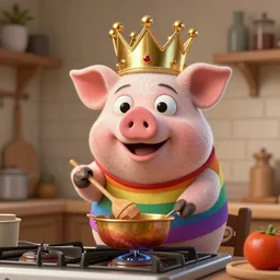 rainbow pig wearing a gold crown as a Muppet cooking on stove 8k