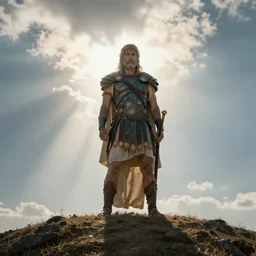 a lonely god of war standing tall on a hill, photorealism, sunshaft, greek mythology
